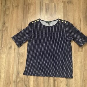 Lauren Ralph Lauren Polka Dot Button Shoulder Top Navy White Large Preppy
